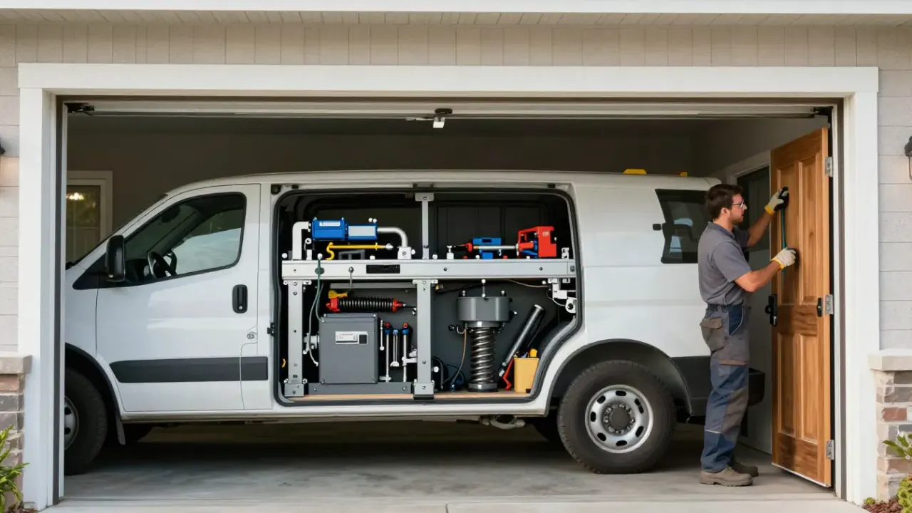 Garage Door Repair in Kennewick: side profile of a clean, well-organized service vehicle with tools and equipment visible