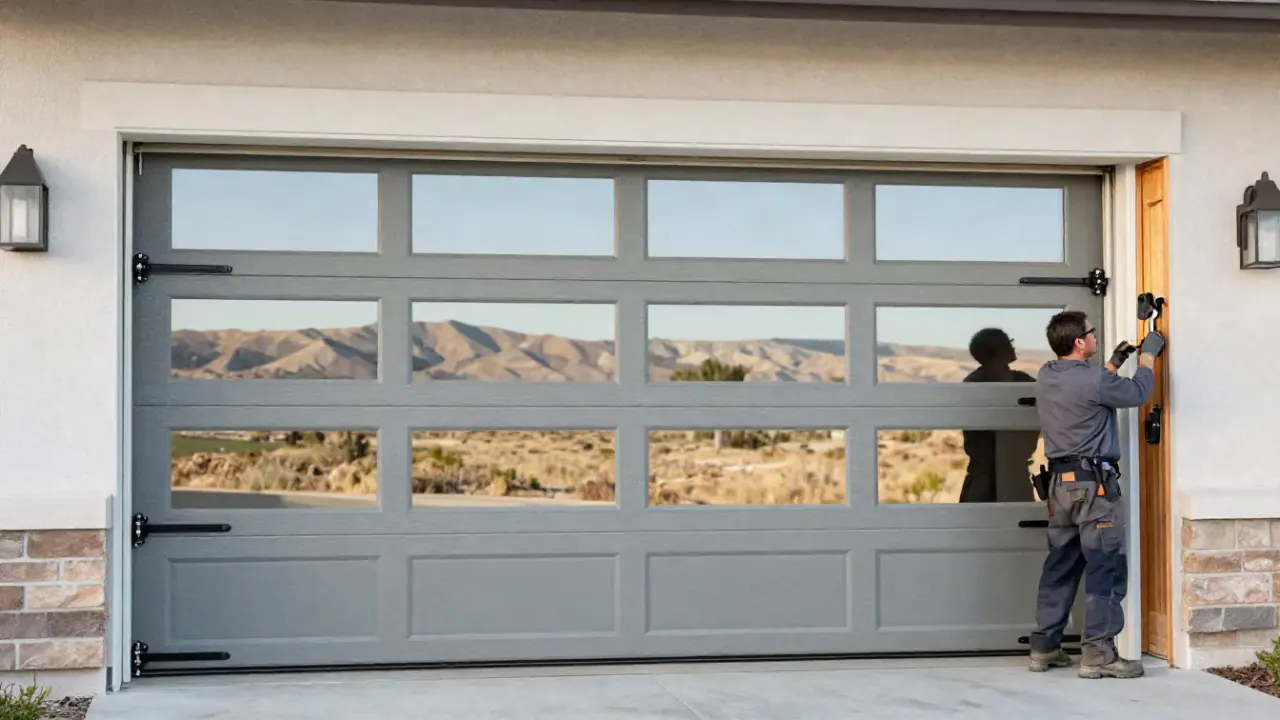 Garage Door Repair in Kennewick: wide shot of a perfectly installed, modern sectional garage door, closed and reflecting the