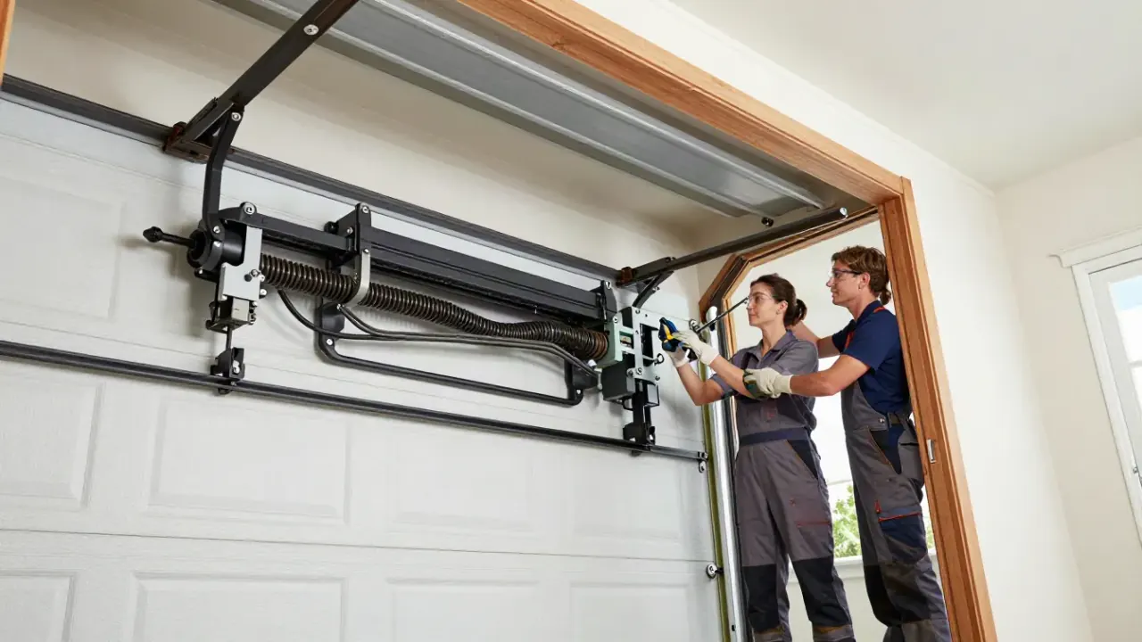 Garage Door Repair in Kennewick: garage door technician explaining something on a garage door opener's limit switch assembly